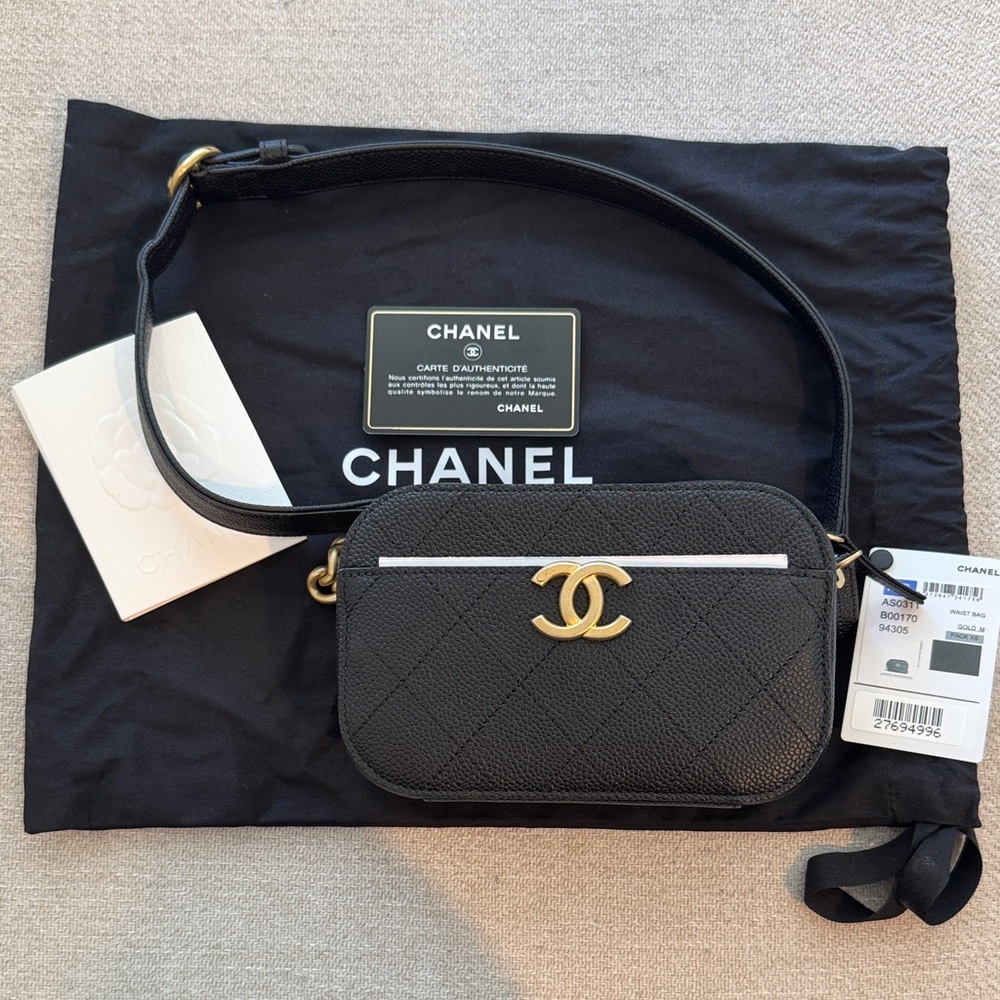 CHANEL Black Quilted Caviar Leather Camera Bag with Gold CC
